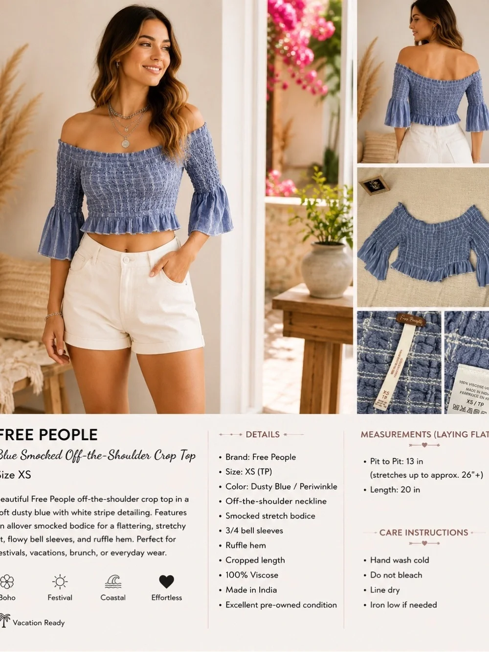 Free People Blue Smocked Off-Shoulder Crop Top